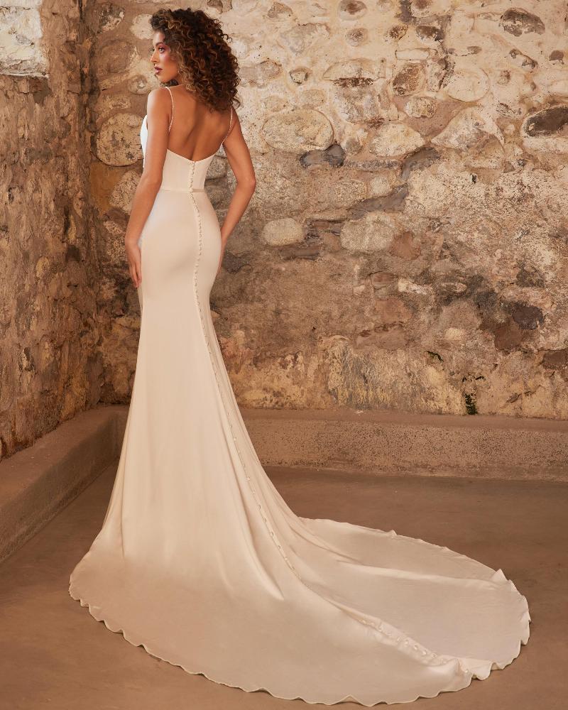 Lp2232 fitted satin wedding dress with buttons down the back and cape2